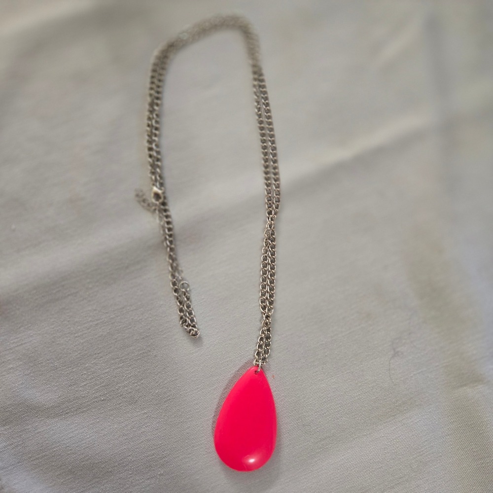 Hot Pink Teardrop Pendant Necklace Silver Tone Long Chain Statement Jewelry